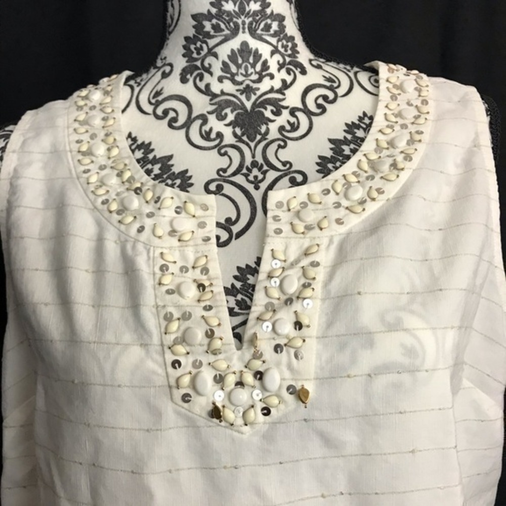 Vineyard Vines White Embellished Linen Blend Sleeveless Tunic Blouse Size 8 - Picture 4 of 7